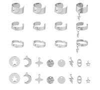Hobbspring Ring Set Including 12Pcs Adjustable Stainless Steel Ring 2Pcs Moon 2Pcs Lightning 4Pcs Flat Round Charms 2Pcs Connector 6Pcs Star Stainless Steel Color Open Cuff Ring DIY Making Kit Women