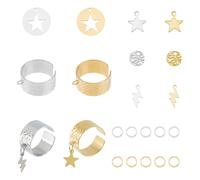 Hobbspring Ring Set Including 4Pcs Adjustable Stainless Steel Ring 6Pcs Star & Lightning and 2Pcs Flat Round Charms 60Pcs Open Jump Rings Golden & Stainless Steel Color Open Cuff Ring DIY Making Kit
