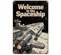 Hobbspring Spaceship Hand-drawn Style Tin Sign Decor Black White Retro WELCOME TO THE SPACESHIP Metal Poster 20x 30cm Iron Water Proof Wall Art Decoration for Bars Clubs Museum