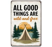 Hobbspring Sunset Camping Tent Metal Tin Signs All Good Things Are Wild and Tree Tin Sign Decor Warm Yellow Green 20x30cm Iron Wall Art Decoration for Garden Farmhouse Cafe Pubs