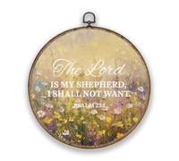 Hobbspring Wildflowers The Lord Is My Shepherd Scripture Wood Textured Plastic Frame Round Wall Art Decor 10.2 * 10.2in Colorful Polyester Wall Hanging Door Decor for Garden Coffee Balcony Office