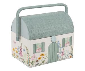 Hobby Gift Embroidered Sewing Box - Country Cottage Floral Design, Wicker Roof & Handle, Includes Internal Plastic Tray with Compartments for Creative Crafters -21 x 30 x 26cm