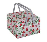 Hobby Gift Exclusive Large Twin Lid Sewing Craft Hobby Storage Box, Accessories Tray Pin Cushion Pockets PVC Handles, 25 x 25 x 17cm, Strawberries