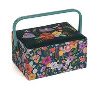 Hobby Gift Exclusive Medium Sewing Craft Hobby Storage Box, Accessories Tray Pin Cushion Pocket PVC Handle Embroidered Lid 18.5 x 25.5 x 14.5cm, Embroidered Floral Garden
