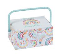 Hobby Gift Exclusive Medium Sewing Craft Hobby Storage Box, Accessories Tray Pin Cushion Pocket PVC Handle Embroidered Lid 18.5 x 25.5 x 14.5cm, Embroidered Rainbow