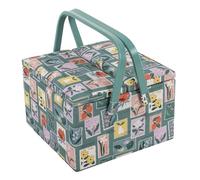 Hobby Gift Large Sewing Box - Embroidered Stamps Cotton Fabric with Plastic Handle, Hard Plastic Internal Tray with Compartments, Lid with Pocket & Pincushion Stylish 24.5 x 24.5 x 17cm