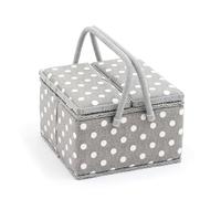 Hobby Gift Large Twin Lid Sewing Box Craft Storage Box with Handle Internal Tray Pin Cushion and Pockets Polka Dot Grey