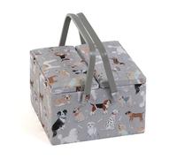 Hobby Gift Exclusive Large Twin Lid Sewing Craft Hobby Storage Box, Accessories Tray Pin Cushion Pockets PVC Handles, 25 x 25 x 17cm, Grey Dogs