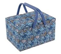 Hobby Gift Large Sewing Box - Twin Lid Woodblock floral Cotton Fabric with Plastic Handle, Hard Plastic Internal Tray with Compartments, Lid with Pocket & Pincushion Stylish 21 x 30.5 x 19.5cm