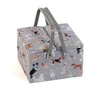 Hobby Gift Large Sewing Box Organiser Twin Lid with Handle - Cotton Basket Sewing Storage Box, Craft Storage Boxes with Compartments for Tools & Accessories - 25 x 25 x 17cm, Grey Dogs