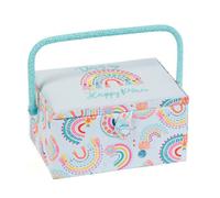 Hobby Gift Exclusive Medium Sewing Craft Hobby Storage Box, Accessories Tray Pin Cushion Pocket PVC Handle Embroidered Lid 18.5 x 25.5 x 14.5cm, Embroidered Rainbow