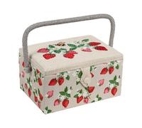 Hobby Gift Exclusive Medium Sewing Craft Hobby Storage Box, Accessories Tray Pin Cushion Pocket PVC Handle Embroidered Lid 18.5 x 25.5 x 14.5cm, Embroidered Strawberries