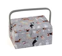 Hobby Gift Medium Sewing Box Organiser with Handle - Cotton Basket Sewing Storage Box, Craft Storage Boxes with Compartments for Tools & Accessories - 18.5 x 25.5 x 14.5cm, Grey Dogs