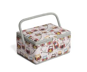 Hobby Gift Medium Sewing Box Organiser Kit with Handle - Cotton Basket Sewing Storage Box, Craft Storage Boxes with Compartments for Tools & Accessories - 18.5 x 25.5 x 14.5cm, Hoot