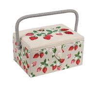 Hobby Gift Exclusive Medium Sewing Craft Hobby Storage Box, Accessories Tray Pin Cushion Pocket PVC Handle Embroidered Lid 18.5 x 25.5 x 14.5cm, Embroidered Strawberries
