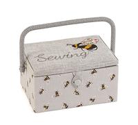 Hobby Gift Medium Sewing Box Organiser with Handle - Cotton Basket Sewing Storage Box, Craft Storage Boxes with Compartments for Tools & Accessories - 18.5 x 25.5 x 14.5cm, Embroidered Sewing Bee