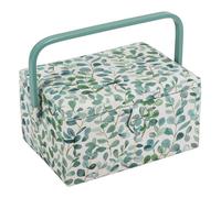 Hobby Gift Exclusive Medium Sewing Craft Hobby Storage Box, Accessories Tray Pin Cushion Pocket PVC Handle, Wood, Fabric, Eucalyptus, (L/W/H) 25.5 x 18.5 x 14.5cm