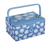 Hobby Gift Medium Sewing Box Organiser with Handle - Cotton Sewing Storage Box, Craft Storage with Compartments for Tools & Accessories - 18.5 x 25.5 x 14.5cm, Embroidered Denim Daisies