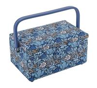 Hobby Gift Medium Sewing Box - Woodblock floral Cotton Fabric with Plastic Handle, Hard Plastic Internal Tray with Compartments, Lid with Pocket & Pincushion Stylish 17.8 x 24.5 x 14.5cm