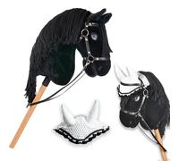 Hobby Horse A3 Friesian Black Complete Set with Net, Reins, Snaffles and White Cap. Horse Stick Black Friesian