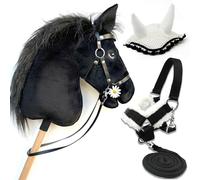 Hobby Horse Black A3 Pure Blood, Horse Stick Complete with Net, Bits, Reins, Black Headcollar, Lanyard and White Hat. Horse Head Stick for Hobby Horsing Children and Teens
