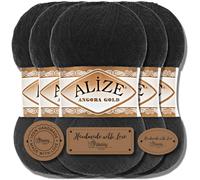 Hobby YARN 3 x Label Label with Alize Angora Gold Wool Premium 5 x 100 g as a Set, Yarn, Yarn, Thin Mohair Made of Virgin Wool, Plain, Plain Knitting Yarn (Black - 60)