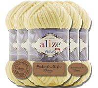 Hobby YARN Alize 5 x 100 g Velluto Turkish Wool, Super Bulky Chenille Yarn, Cuddly Soft Baby Wool, Hand Knitting Yarn for Crochet, Soft Chenille Yarn, XXL Ball for Amigurumi (Light Yellow 13)