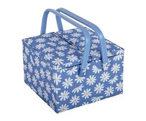 HobbyGift Sewing Box (L) - Twin Lid - Square - Denim Daisies - Storage - Blue