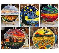 HobbyJobby Set of 5 Embroidery Starter Kit for Beginners, Stamped Embroidery Kit with Pattern and Instructions, Landscape Cross Stitch Starter Kit for Adults, Includes Hoop, Fabric, Threads & Needles