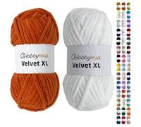 HobbyMia Velvet XL - Chenille Yarn for Crocheting - 100g / 74yds - (6) Super Bulky Yarn - Fluffy Yarn for Crochet - Crocheting Baby Blankets (146-1455 - Orangy Red - White, 2 Skeins)