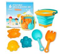 Hobee 6 Piece Foldable Beach Bucket Set for Kids - Ultimate Seaside Fun with Collapsible Bucket, Spade, Rake, and 3 Sand Moulds