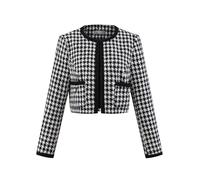 Hobemty Women's Houndstooth Blazer Collarless Plaid Cropped Tweed Jacket, Black White, XXL