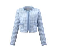 Hobemty Women's Houndstooth Blazer Collarless Plaid Cropped Tweed Jacket, Blue, M
