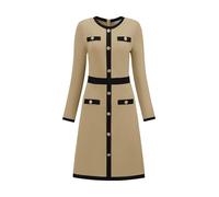 Hobemty Women's Work A-Line Dress Long Sleeve Contrast Color Dresses Khaki L