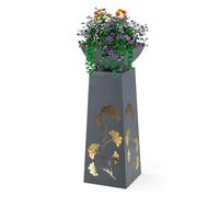 Hoberg LED Plant Column Ginkgo Leaf Design in Concrete Look Removable Plant Bowl (Diameter 34 cm) Suitable for Indoor and Outdoor Use Integrated Lighting, 6 Hour Timer, Wireless [23 x 23 x 70 cm]