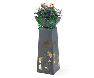 Hoberg LED Plant Column Ginkgo Leaf Design in Concrete Look Removable Plant Bowl (Diameter 34 cm) Suitable for Indoor and Outdoor Use Integrated Lighting, 6 Hour Timer, Wireless [23 x 23 x 70 cm]