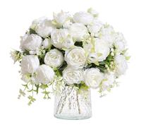 Hobyhoon 4 Bunches Peonies Artificial Flowers for Decoration Faux Roses Fake Bouquet Real Touch Silk Flores Artificiales for Vase Wedding Home Décor (White)
