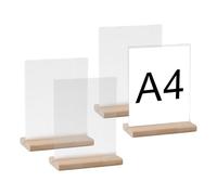 hocadon 4Pack A4 Acrylic Sign Holder with Wood Base Clear Menu Holders T-Shaped A4 Display Stand Place Card Holders for Office Store Restaurant Wedding