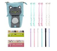Hocadrv Cute Cat Stationery Set Cartoon Cute Cat Pencil Pouch 1 Telescopic Pencil Case 12 Black Gel Ink Pens 240 Cat Sticky Notes Page Flags Index Tabs for Students School Office Supplies (Blue)