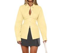 HOCANDY Women Long Sleeve Button Down Shirt Tie Back Cinched Waist Lapel Collar Corset Blouse Work Casual Dressy Tunic Shirt, Yellow, L