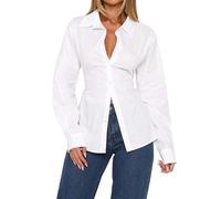 HOCANDY Women Long Sleeve Button Down Shirt Tie Back Cinched Waist Lapel Collar Corset Blouse Work Casual Dressy Tunic Shirt, White, XS