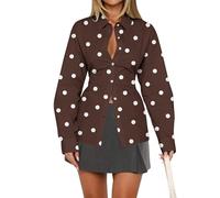 HOCANDY Women Long Sleeve Button Down Shirt Tie Back Cinched Waist Lapel Collar Corset Blouse Work Casual Dressy Tunic Shirt, Polka Dot Brown, M
