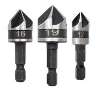 Hocansen 3 Pcs Countersink Drill Bit Hex Shank 5 Flute Chamfer Drill Bit 90 Degree Hss Centre Drill Set Punch Hole Drill Tool for Wood Drilling (12/16/19mm)