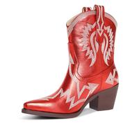 HOCHFART Metallic Embroidered Cowgirl Boots For Women Pointed Toe Western Boots Chunky Heel Pull On Short Cowboy Boots Wide Calf Country Ankle Booties, Red, 5 UK