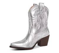 HOCHFART Western Boots for Women Metallic Embroidered Pointed Toe Cowgirl Boots Chunky Heel Pull-On Short Cowboy Boots Wide Calf Country Ankle Boots, Silver, 7 UK