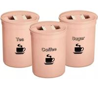 HOCHSTE 3pc Tea Coffee Sugar Canister Set, 850ml Airtight Plastic Storage Jars, Round Food Grade Container for Kitchen, Easy to Clean, Pink & Blue Design Cylinder Pink 850ml 3 Pack Set