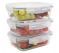 HOCHSTE Airtight Glass Food Containers with Lids - 3-Pack, 100% Leak Proof BPA Free Food Storage Containers with Locking Lids - Freezer to Oven Safe - Takeaway Containers - 3 Pack Blue - 1050 ml