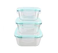 HOCHSTE Glass Food Storage Container Set with Plastic Lids (3 Pcs Set)- Healthy Meal Prep Boxes with Airtight Lids Dishwasher, Oven, Microwave & Freezer Friendly Teal - Square