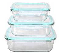 HOCHSTE Glass Food Storage Container Set with Plastic Lids (3 Pcs Set)- Healthy Meal Prep Boxes with Airtight Lids Dishwasher, Oven, Microwave & Freezer Friendly Teal - Rectangle