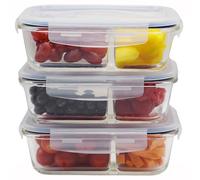 HOCHSTE Glass Meal Prep Containers - 2 Compartment Portion Control Lunch Box - BPA Free Airtight Glass Containers with Lids [3-Pack, 1050ml]